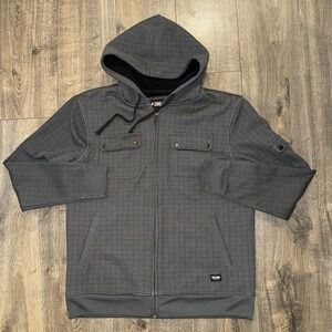 Zoo York  Mens Sz L Fleece Lined Zip Up Hooded Jacket Gray Plaid Pockets Outdoor